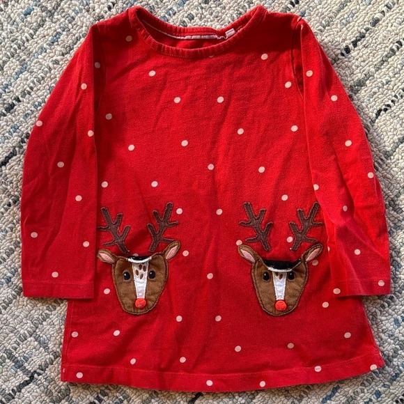 Mini Boden Other - Mini Boden Girls Red Polka Dot Reindeer Tunic‎ Dress Long Sleeve 3-4Y 104cm
